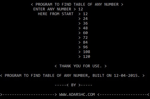 Home Page table Of Two Number. Home Page of table Program